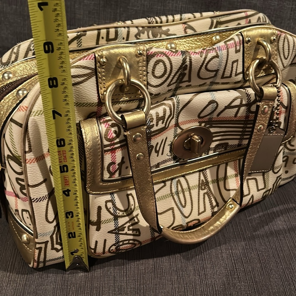 Coach Poppy Chelsea Graffiti Gold Tattersall Satchel Purse Cream and Gold - Picture 17 of 17